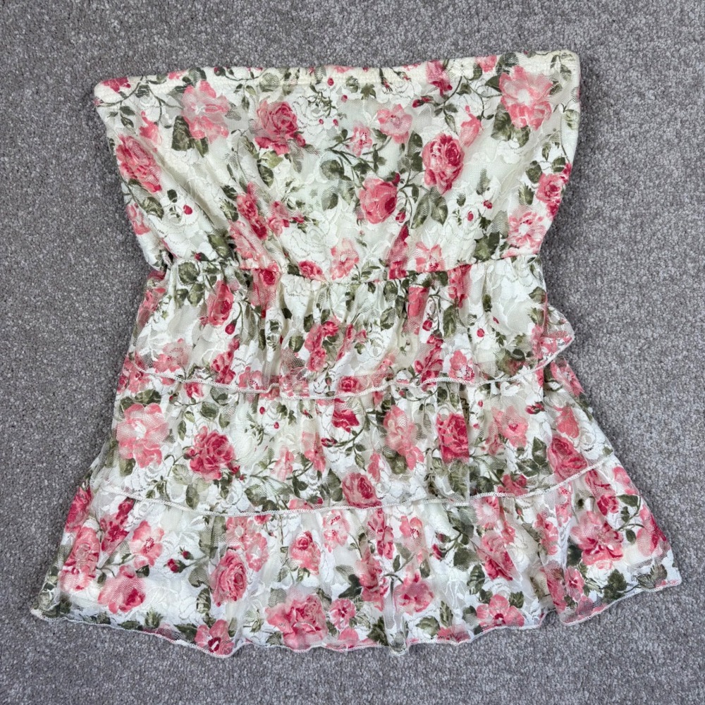 Deb Pink Floral Lace Tube Top Strapless Tiered Ruffle Hem Rose Print